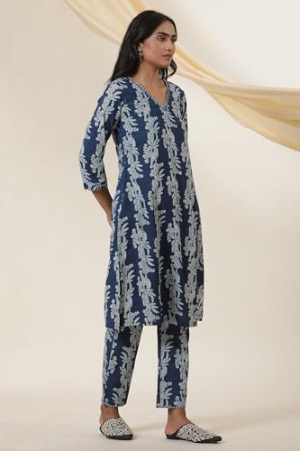 Image of W for Woman Folksong Blue Animal Print Cotton Straight Kurta