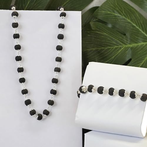 Image of Japam Original Karungali Mala 54+1 Beads & Karungali Bracelet Combo | Lab Tested Black Ebony Wood (Karungali Malai) | Silver Cap Spiritual Beads for Meditation, Pooja, Healing | Men & Women