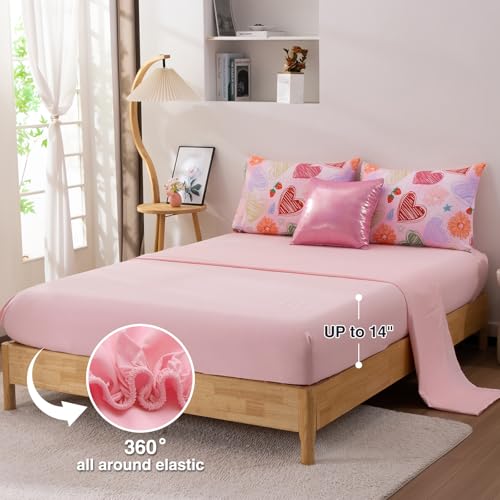 Image of A Nice Night 6 Piece Comforter Set Bed in a Bag with Comforter & Sheet Set,Watercolor Pink Bow Hearts Flower Strawberries Printed Bedding Sets Kids Girls,Twin