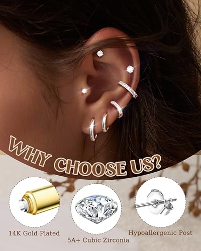 Dochais Hoop Stud Earrings for Women Men 7 Pairs 316L Surgical Steel Hypoallergenic Earrings Set for Multiple Piercing Non Tarnish 14k Gold Plated Cartilage Earring2