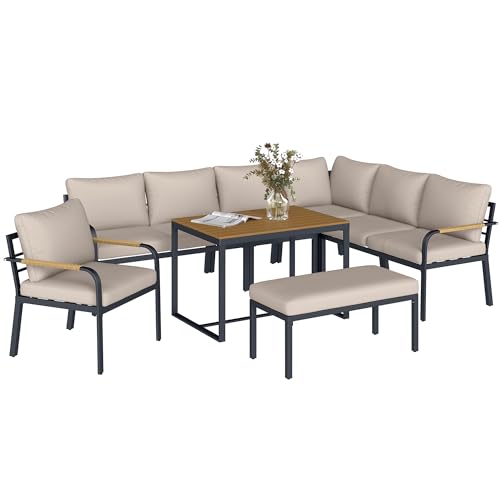 Outsunny Salon de Jardin 7 Pièces - Ensemble Canapé d'angle Extérieur Modulable avec Table en WPC et Pouf - Mobilier de Terrasse avec Coussins Épais et Accoudoirs en...