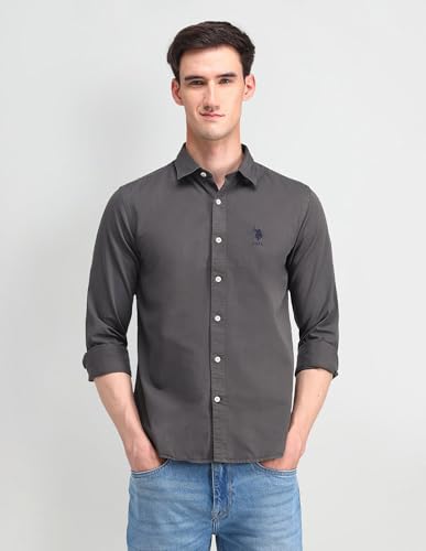 Image of U.S. Polo ASSN. Solid Slim Fit Shirts for Men - 100% Cotton, Full Sleeve Mens Casual Shirts