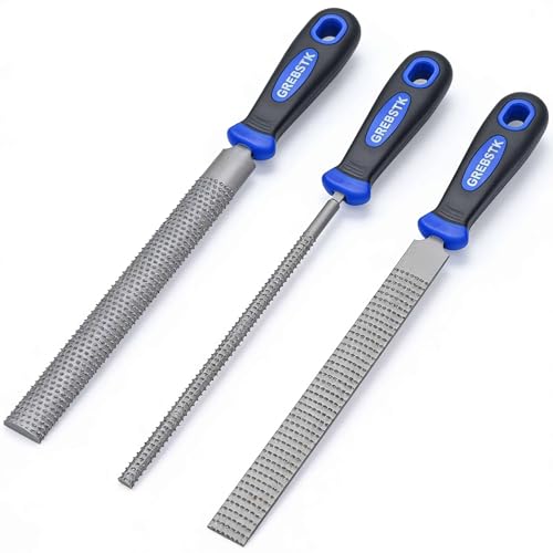 GREBSTK 31 cm Holzraspelfeilen-Set mit Gummigriff, Holzraspel, 3-teiliges Set, rund, halbrund, flache Feilenraspel