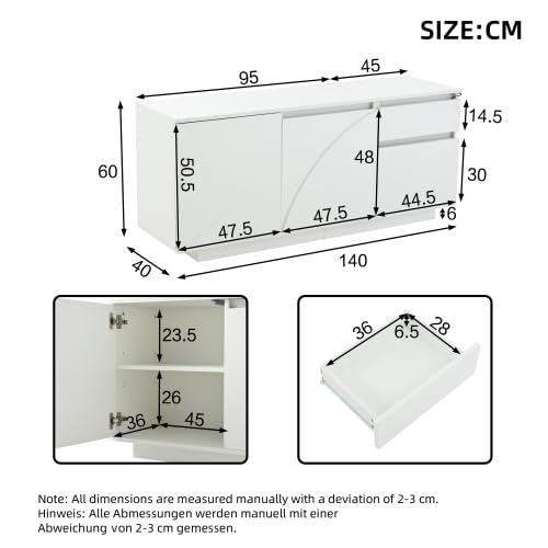 vutizal Niski kredens LED, biały, 140 x 40 x 60 cm, wysoki połysk, sterowanie za pomocą aplikacji – komoda z szafkami i szufladą do salonu