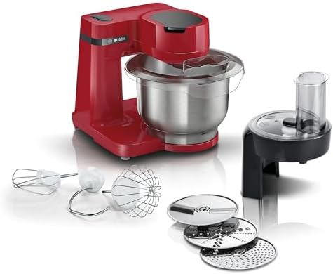 Bosch Küchenmaschine Serie 2, kleine Küchenmaschine, Edelstahl-Schüssel 3,8 L, Knethaken, Schlag-, Rührbesen Edelstahl, Durchlaufschnitzler, 3 Scheiben, 700 W, rot, MUMS2ER01