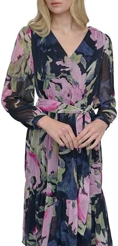 DKNY Womens Long Sleeve V-Neck Tie Waist Midi Dress - Image 2