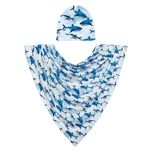 Image of Posh Peanut Baby Swaddle Blanket & Beanie - Matching Newborn Swaddle Set, Doubles As Receiving Blanket or Nursing Cover (Sharks)