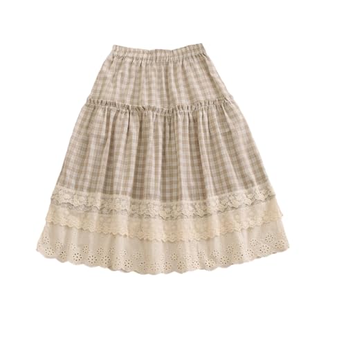 Falda casual de retazos a cuadros para mujer, cintura elástica, vintage, delgada, acampanada, longitud media, beige, Altoa única