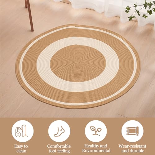 Image of Cotton Rope Rounds Rug with Tassels - Handwoven Bohemian Carpet for Living Room, Bedroom, Pooja & Home Decor, Soft & Washable Floor Mat,Design White & Beige, 6x6 feet