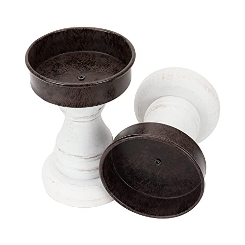 Genmous&Co. Decorative Candle Holders Pedestal Rustic Wood For Pillar Candle Farmhouse Candlestick Holder Galvanized Plate For Mantel, Dining Table, Centerpiece,Coffee Bar,Set Of 2（White #TOP6