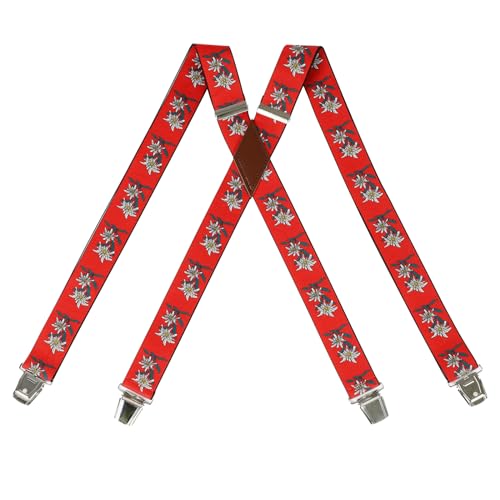 LEHOMU X-Back Suspenders for Men 1.4 Inches Wide Straight Strong Clips Suspender Adjustable Fit Elastic Braces for Work Perfect For Both Casual&Formal Jeans and More Red Daisies