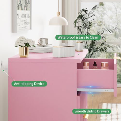 Image of Xixini Fluted Nightstand with 4 Drawers, 31.5 inch Wide Side Table, Pink