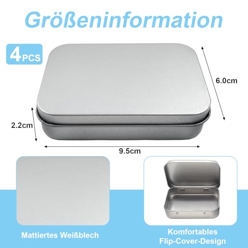 4 Stücke Metalldöschen Klein, Silber Metalldosen Blechdosen mit Deckel,Rechteckig Rostfrei Minibox Aufbewahrungsbox für Münzen, Süßigkeiten, Schlüsseletc,Kleinen Gegenständen(9.5 x 6.0 x 2.2cm)
