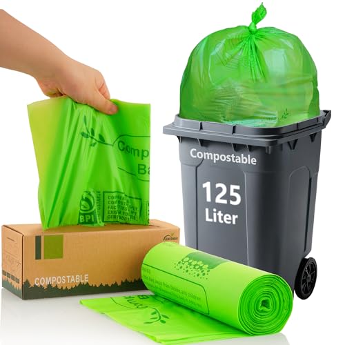 JENCENBIO Compostable Bin Liners, 125 Liter, Extra Thick, 28 Micron Food scrap waste bags with US BPI ASTM D6400 and Europe OK compost HOME Certified