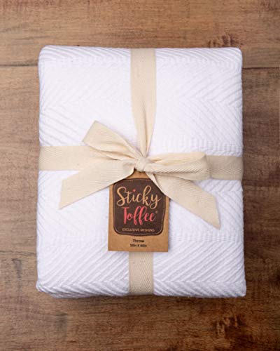 Throw Blanket 100% Cotton Woven White, Lightweight Herringbone Weave, Warm And Soft Blanket For Couch Sofa Or Bed, Oeko-Tex Cotton Throw, 60 In X 50 In #TOP5