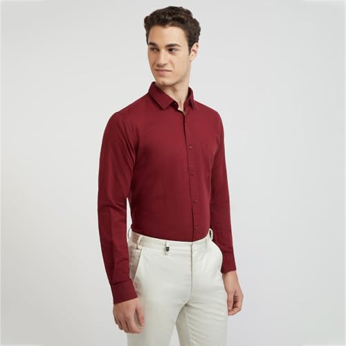 Image of Raymond Men Slim Fit Solid Pattern Linen Cotton Blend Regular Collar Full Sleeve Casual Shirt
