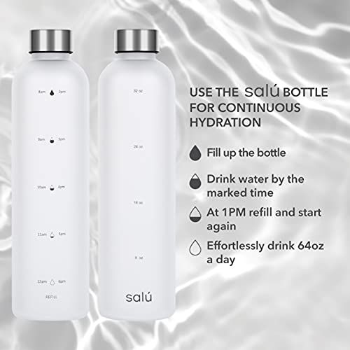 Salú 32 Oz Tritan/Bpa-Free Water Bottle W/Time Marker, White, Motivational Measurements W/Time & Volume, Frosted Plastic, Extra Lid For Gym, Sports, Travel, Fitness, Or Work #TOP3
