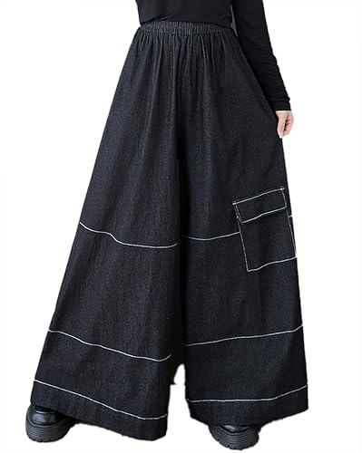 ellazhu Women's Pants Wide Leg Elastic Leg Two Side Pockets Flowy Straight Hem Strings Oversize Loose Casual GZ386