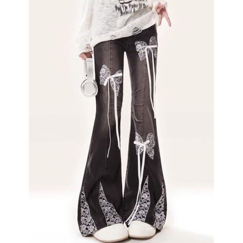 Gothic High Waisted Jeans for Women Y2K Cute Bow Tie Lace Printed Drawstring Bell Bottom Denim Pants4