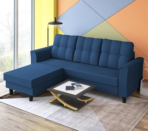 Image of Adorn India Maddox Tufted L Shape 4 Seater Sofa Set (Blue) (3 Year Warranty)