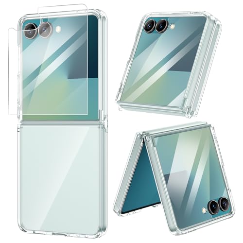 VEGO for Samsung Galaxy Z Flip 7 Case with Screen Protector, TPU Crystal Anti-Yellow & Ultra Slim Wireless Charging Spray Paint Bumper Protective Phone Cover for Flip 7(Not for 7FE) -Full Clear