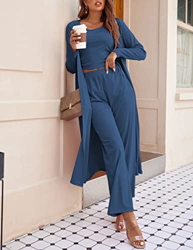 Image of Ekouaer Women's 3 Piece Lounge Set Pajama Long Sleeve Cardigan Sleeveless Top Pants Sweatsuit S-XXL
