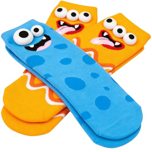 Dasongff Crazy Socks for Kids - Silly Wacky Funny White Elephant Gifts Stockings Monster Toddler Socks with 3D Eyes for Kids, 2 Amarillo + Azul, Talla única