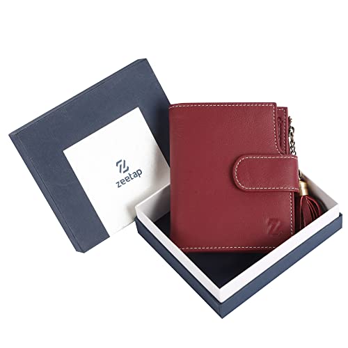 Image of Zeetap Wallets for Women Genuine Leather Beautiful Ladies Wrist Wallet Tri-fold Wallet for Women, Unisex Wallet with RFID Protection (Garnet Red)