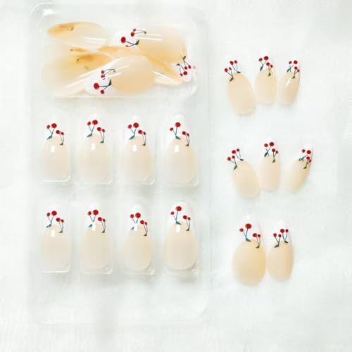 Image of French Tip Press on Nails Medium Almond White Fake Nails with Cherry Design Nude Full Cover Stick on Nails Cute False Nail Reusable Artificial Acrylic Nail for Women Girls Art Decoration 24pcs