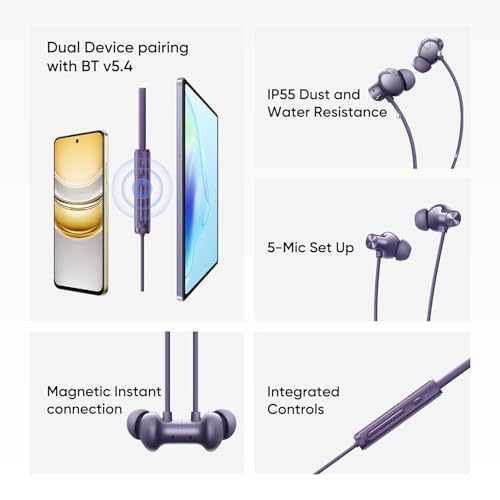 Image of Compatible with Realme 5 ANC Wireless Neckband Bluetooth Earphones with Deep Bass Driver, Active Noise Cancellation, Long Battery Backup, Fast Charge Support, Magnetic Earbuds,(Purple)
