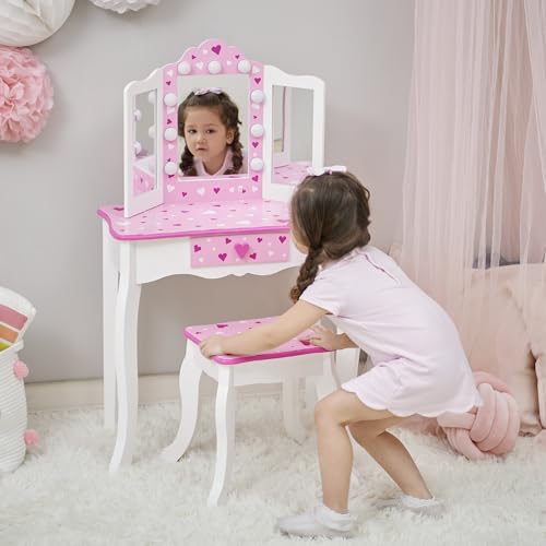 Image of Teamson Kids - Sweethearts Print Gisele Medium Vanity - White /Pink | LED Lights, Tri-Fold Mirror, Stool & Drawer, Pretend Makeup Table, Ages 3+