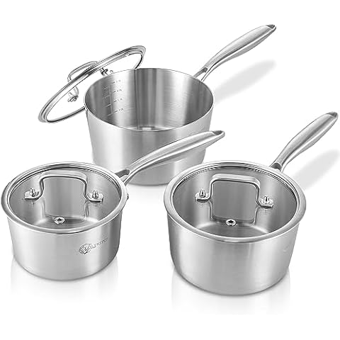 LOLYKITCH 1.5-2.5-3.0 QT, Tri-Ply Stainless Steel Saucepan Set of 3,Induction Cooking Pots,Sauce Pots with Lids,Pots and Pans Set,Detachable Handle and Dishwasher Safe. Cover