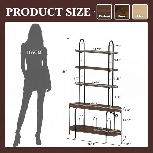 Image of Faesun Record Player Stand with Storage, 5-Tier Turntable Stand with Charging Station, CD Storage with Adjustable Book Stoppers, for CDs, Vinyl Records, Books, Games, for Living Room, Bedroom, Walnut