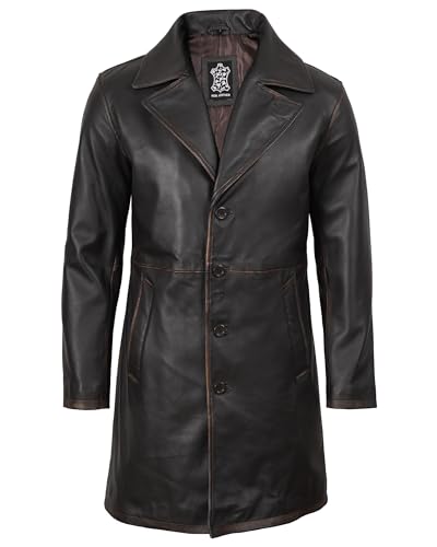 Image of Blingsoul Men's Leather Car Coat - Genuine Lambskin Long Leather Jacket for Men, Real Leather Coat with Lapel Collar