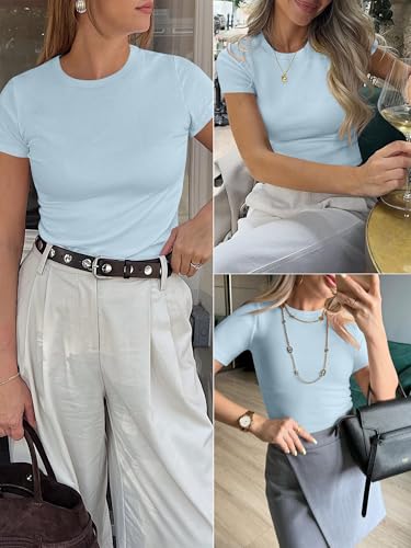 ANRABESS Women Short Sleeve Crewneck Ribbed Knit Slim Fitted Shirts Summer Tops Basic Tee Casual 2026 Spring Outfits Clothes Sky Large — view 6