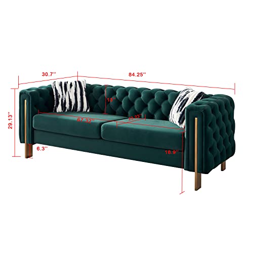 Image of KEIKI 84 inch Chesterfield Velvet Tufted Button Sofa with Removable Cushions and 2 Toss Pillows, Modern 3-Seater Couch with 4 Gold Metal Legs, Easy Assembly, for Living Room, Bedroom, Apartment, Green