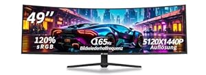 CRUA 49" Curved Gaming-Monitor, Ultrawide Curved Monitor, QHD(5120 x 1440), 44 Hz/165 Hz, 20% sRGB, 500R, 2:9, reeSync, ö... Ultra-Breitbildmonitor, DMI 2.1 & DP 1.4, andmontage–Schwarz