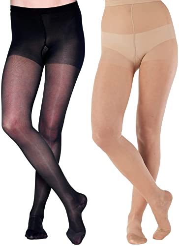 ABSOLUTE SUPPORT Made in USA - Sheer Compression Firm Pantyhose 20-30mmHg for Women Circulation - Sheer Compression Support Stockings Hose for Ladies - Hi Waist Tights - Black & Nude, Medium