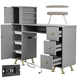 AWEPOPI Gray Nail Table for Nail Tech, Nail Desk for Nail Tech, Manicure Table Nail Station for Makeup Beauty Spa Salon, w/2 Hand Rest, Pull-Out Storage Tray, 3-Tiers Shelves, Golden Legs