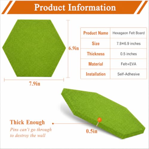 Image of Quiet Canvas Hexagon Pinboard, 1x1 ft, Pack of 8, 50 PushPins, (Green)