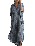 Chunoy Womens Striped Button Down V Neck Long Kaftan Dress Kimono Sleeve Loose Beachwear Side Split Dresses Black