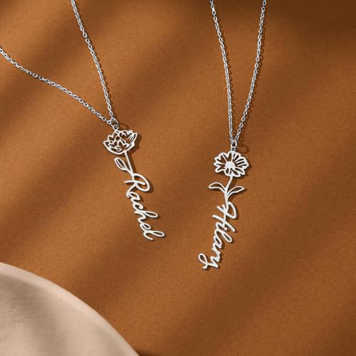 coobopet Custom Name Necklace with Birth Flower Customized 14K Gold Name Plate Floral Pendant Necklaces Personalized Jewelry Bridesmaids Wedding Christmas Birthday Gift for Women — view 6