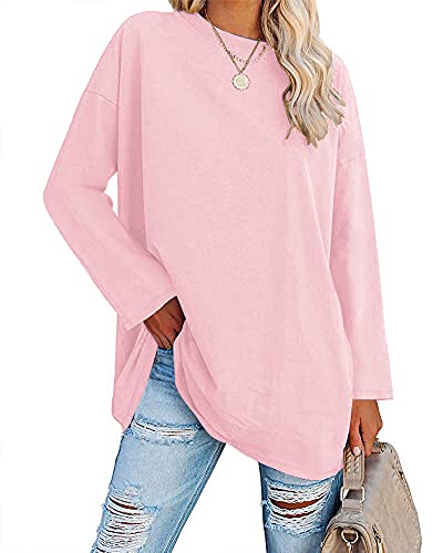 Ebifin Oversize Langarmshirt Damen Longshirt Rundhalsausschnitt Oberteil Langarm T Shirts Pullover Basic Tunika Tee Tops.Rosa.S