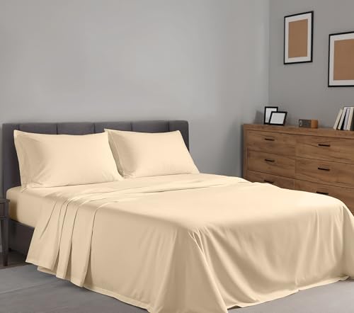 RUVANTI 100% Cotton California King Sheet Sets, 4 Pieces, Soft & Breathable Percale Weave Bedding, Deep Pocket 14", Hotel Standard, Crisp Cool Feel & Durable, Perfect Dyed Sheets, Beige