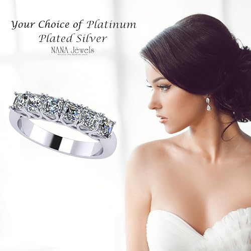 NANA Jewels Asscher Cut Simulated Diamond Ring 1.00ctw 6 Stone Wedding Band, Sterling Silver4