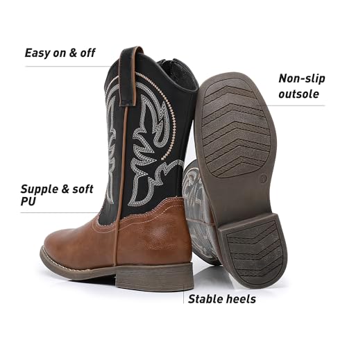 Felabo Boys Cowboy Boots - Western Square Toe Pull-On Side Zipper Embroidered Shaft Slip-Resistant Outsole (Toddler/Little Kid/Big Kid)2