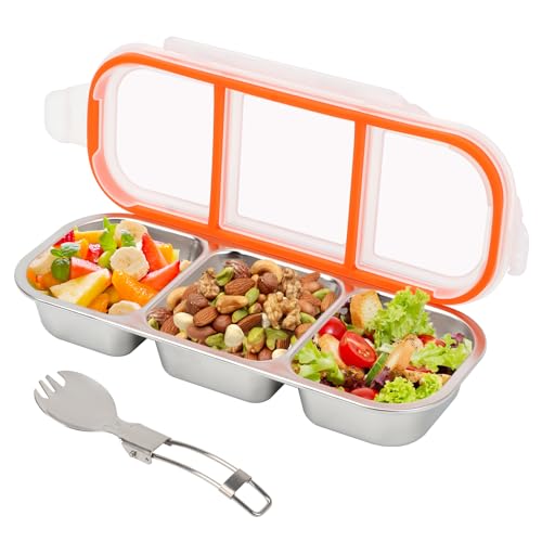 Qivine Tapers para Comida Hermetico con Tapa y Cuchara, Tupper de Acero Inoxidable para la Escuela y la Oficina, Herméticos para Alimentos para Lavavajillas, Congelador y Microondas (3 Compartimentos)