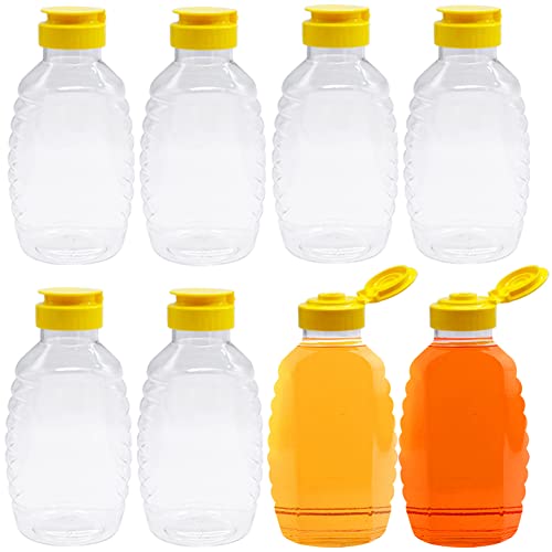 Qinsihwn 8 Pack 16oz Clear Plastic Honey Bottles Refillable Food Grade Honey Container Squeeze Honey Bottle With Leak Proof Flip-Top Caps for Storing and Dispensing