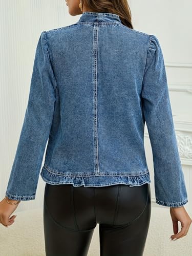 Women's Ruffled Denim Jackets Long Sleeve Open Front Jean Cropped Top Coat 2025 Trendy Jean Jackets4
