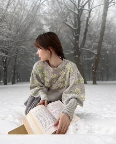 Image of Women's Loose Fitting Heavy Embroidery Three-Dimensional Flower Long Sleeved Knitted Pullover Sweater top